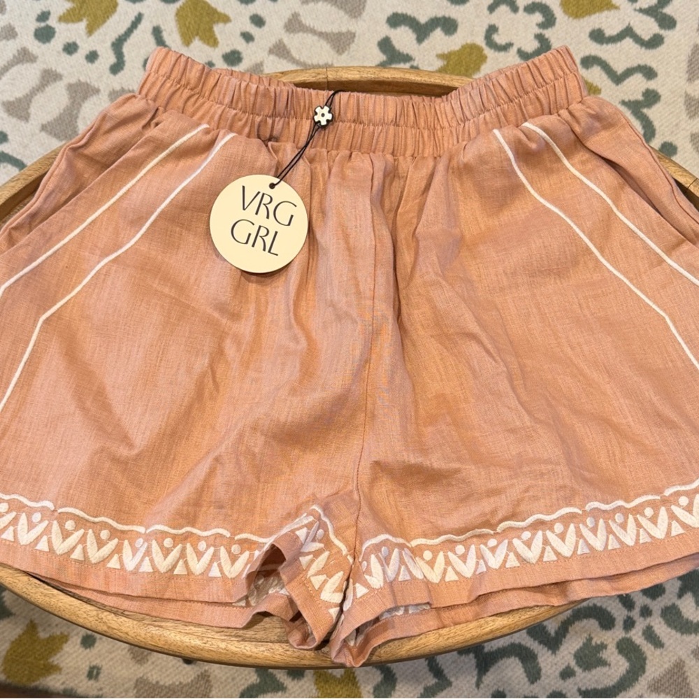 VRG GRL Women's Elastic High Waist Linen Shorts in Dusty Rose Color